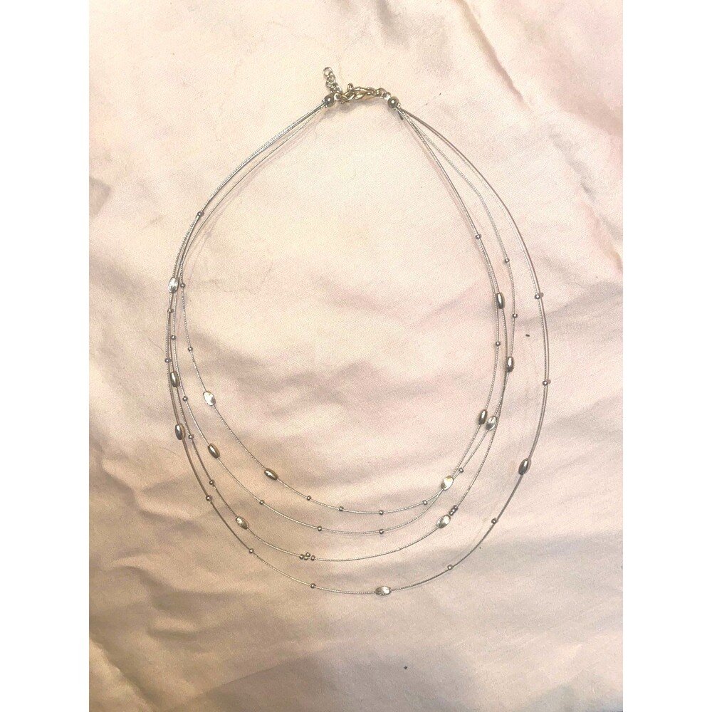 Multi Strand Silver Tone Wire Illusion Station Bead Layered Necklace